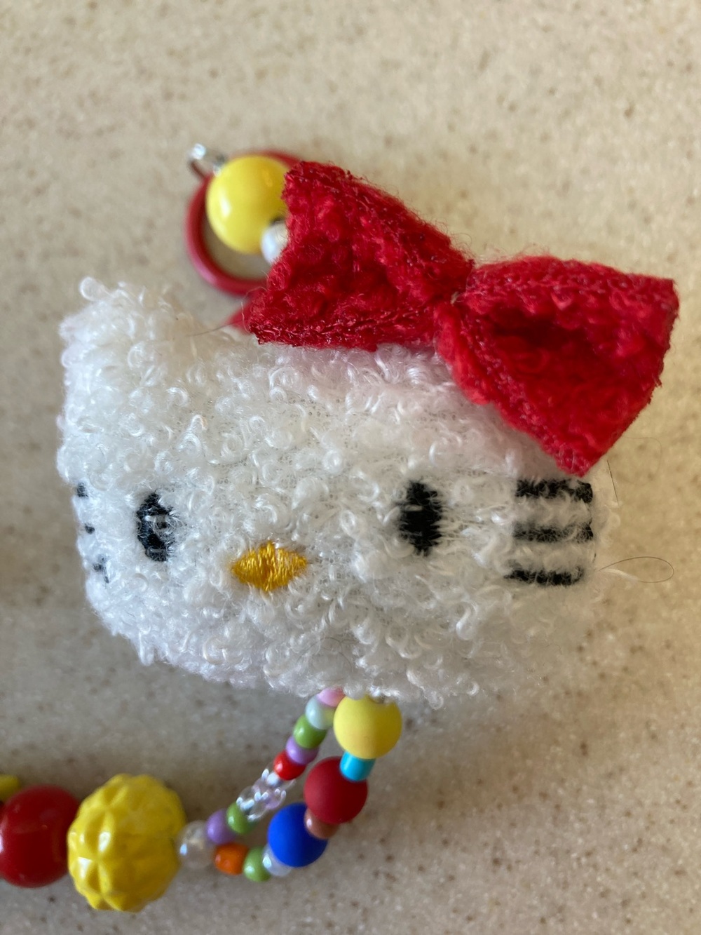 Hello Kitty White Plush Head Bag Charm with Red Bow and Multicolor Beads - Picture 6 of 9